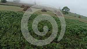 Maneuverable flight in the morning fog over a mountain village past a horse and haystacks on FPV drone