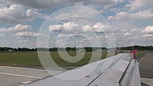 Maneuvering the aircraft at the international airport on the runway. first person view from the cockpit of the aircraft