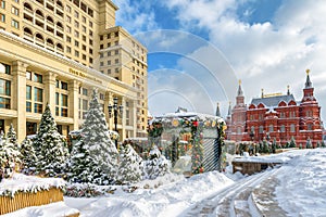 Manezhnaya or Manege Square near Moscow Kremlin in winter, Russia