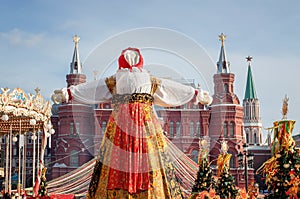 Manezhnaya Square in the center of Moscow, decorated with festive symbols of the Shrovetide