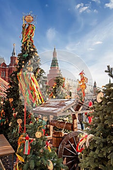 Manezhnaya Square in the center of Moscow, decorated with festive symbols of the Shrovetide