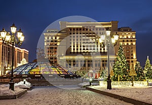 Manezhnaya square decorated during Christmas and New year holidays in the early morning, Moscow,