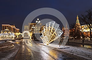 Manezhnaya square decorated during Christmas and New year holidays in the early morning, Moscow