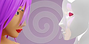 Manga 3D render girl with purple hair future sci-fi face to face with humanoid robot