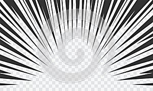 Manga action frame lines. Comic book motion effect on transparent background. Black rays. Bomb explosion or high speed