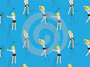 Manga Woman Cartoon Golf Swing Vector Seamless Background Wallpaper-01