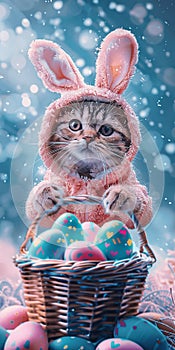 Manga cat in rabbit costume, Easter eggs in hand.