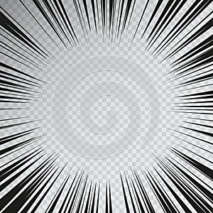 Manga effect action frame in comics book style. Black and white vector illustration of motion radial lines isolated on a