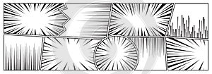 Manga effect vector background, comic speed lines set, motion frames, radial zoom abstract pattern, black ray explosion.