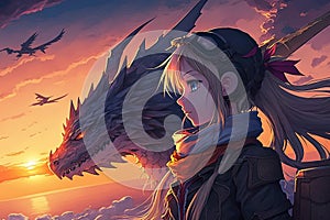 Manga girl with a pet dragon, flying through the clouds and watching the sunset over the horizon llustration generative ai