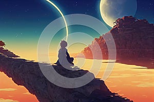 manga girl sitting on a hill in the sky and watching the moon, cocnept art illustration, ai generated image