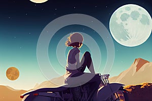 a manga girl sitting on a motorcycle, watching a moon, ai generated image