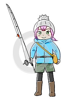 Manga kawaii chibi young woman angler  illustration, winter autumn fashion