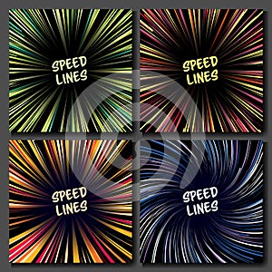 Manga Speed Lines Vector Set. Layout For Comic Books. Banner With Radial Colored Effect Illustration. Starburst Explosion In Manga