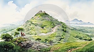 Manga-style Castle Painting On Hill: Nigeria Watercolor Illustration