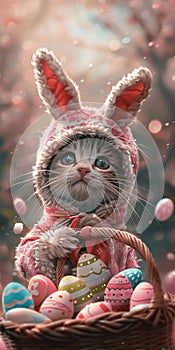 Manga-style cat in bunny guise with Easter treasures.