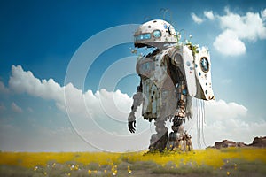 Manga style drawing of a robot abandoned in a field with flowers. Dystopian world.