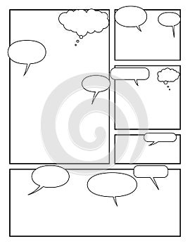 Manga style page layout. storyboard layout template with speech bubbles and effects