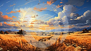 Manga Style Printmaking Image Of Fields And Waves Of Wheat