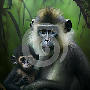 Mangabey Monkey At Rainforest. Generative AI