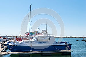 Mangalia, Constanta, Romania - July 7, 2017: Control of Civil Navigation boat anchored at the Mangalia harbor in Romania, Europe.
