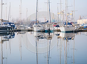 Mangalia, Romania - 02.24.2021: Many boats and yachts anchored at the touristic port or harbor in Mangalia, Constanta