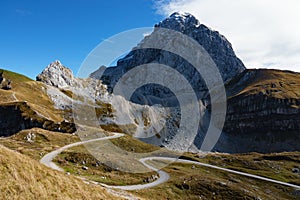 Mangart Mountain peak and pass road in Slovenia in Autumn