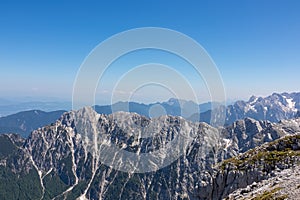 Mangart - Panorama on top of untamed mountain peak mount Mangart (Mangrt), border Italy Slovenia