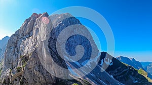 Mangart - Scenic view from Mangart Saddle (Mangartsko sedlo) on majestic mountain peak