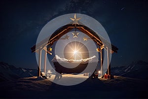 manger in the middle of the desert adorned with stars at night