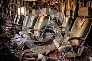 mangled airplane seats arranged in a row