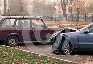 Mangled car after an accident in the Parking lot