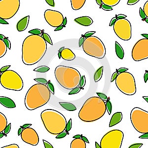 Mango cartoon illustration unfit colored and leafs seamless pattern