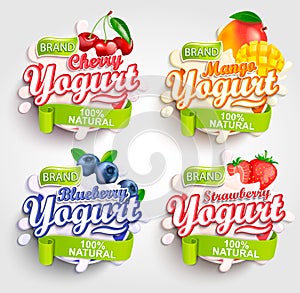 Mango, cherry, strawberry, blueberry Yogurt label.