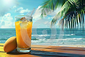 Mango cocktail on a wooden table on a sandy beach, a cooling summer drink