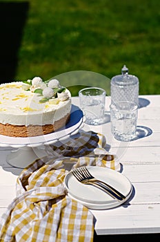 Mango and coconut cake on cake stand