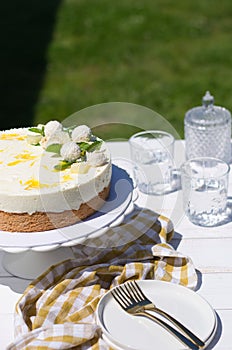 Mango and coconut cake on cake stand