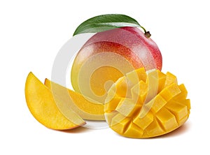 Mango composition cut piece slice on white background