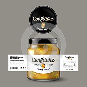 Mango confiture. Sweet food. White label with fruit and letters. Mock up of glass jar with label.