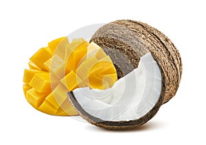 Mango cut coconut quarter piece isolated on white background