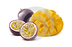 Mango cut maraquia passion fruit on white background