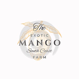 Mango Farms Abstract Vector Sign, Symbol or Logo Template. Hand Drawn Mango with Leaves Sketch with Retro Typography