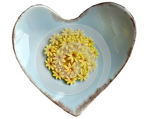 Mango flavor, Sam Pan Nee traditional Thai handcraft snack on pastel blue heart shape plate, Isolated, white background with