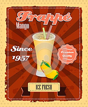 Mango frappe poster with fruit, drinking strew and glass in retro style