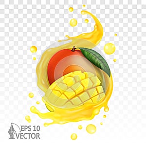 Mango fresh fruit and half with splash, realistic mango juice, transparent drops, 3d realistic vector illustration
