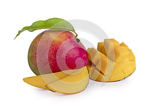 Mango fruit decorated with leaves isolated on white background