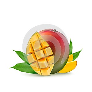 Mango fruit for fresh juice, jam, yogurt, pulp. 3d realistic yellow, red, orange ripe mango cubes and leaves isolated on white