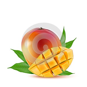 Mango fruit for fresh juice, jam, yogurt, pulp. 3d realistic yellow, red, orange ripe mango cubes and leaves isolated on white ba