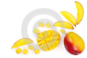 Mango fruit and half isolated on white background with copy space for your text. Top view. Flat lay