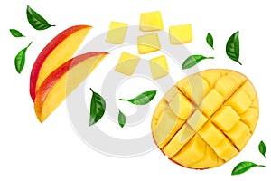 Mango fruit half with slices isolated on white background. Set or collection. Top view. Flat lay